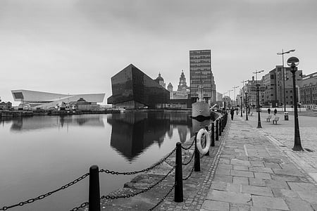 Liverpool, luka, kanal ulici pomorskog, oblačnost, arhitektura, odraz, izgrađena struktura