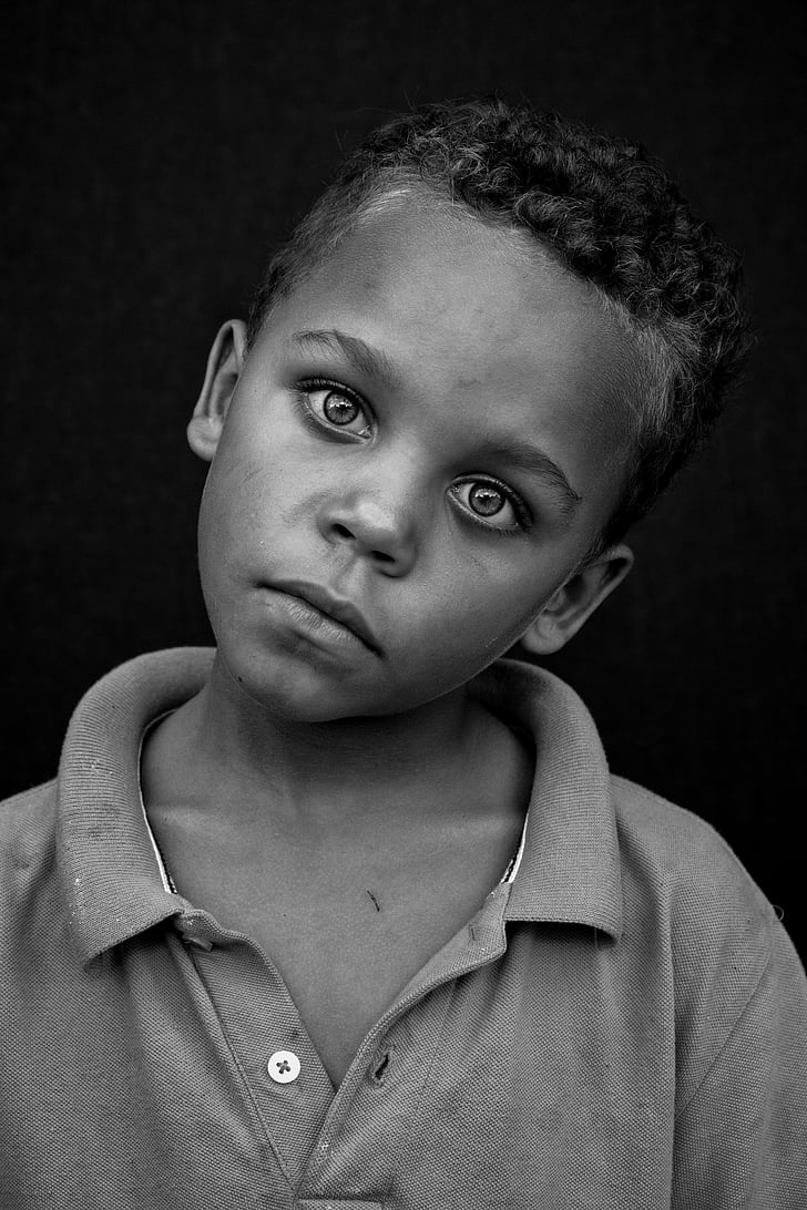 people, portrait, child, poverty, male, black and white, looking