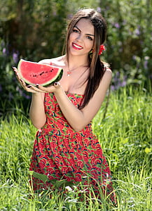 Flicka, Melon, röd, sommar, skönhet, naturen