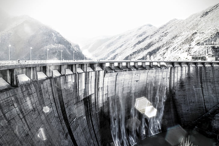 architecture, black-and-white, bridge, dam, hydro, industry, mountain