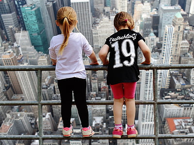Нью-Йорк, вид, девочка, забор храбрый, ущелье, потрясающие, не страх высот