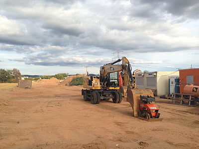 site, bauwagen, sand, work, construction work, clouds, excavators