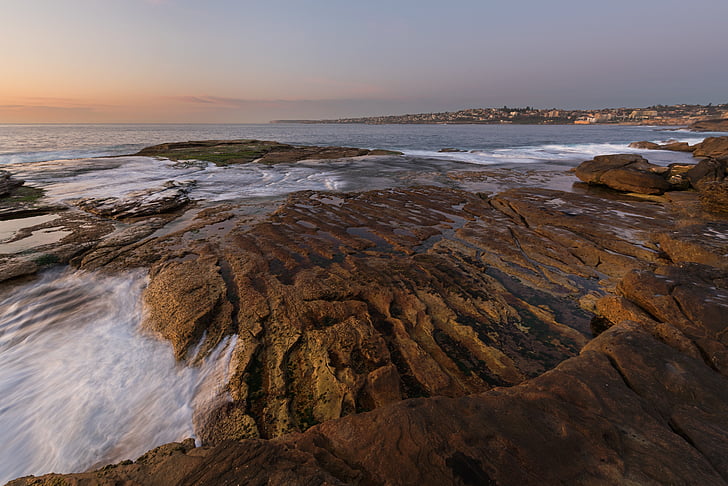 jūras ainava, Sydney, Austrālija, saullēkts, akmeņi, pārdomas, oranža