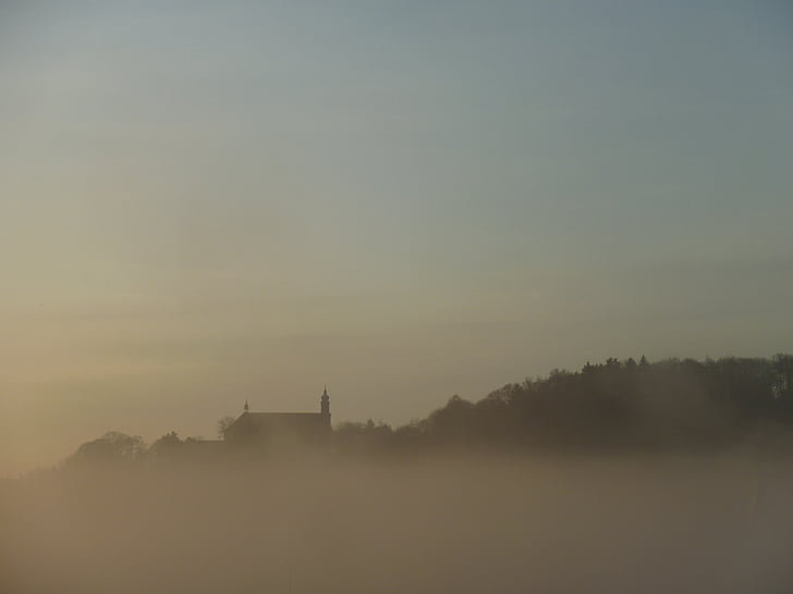fog, fuda, female mountain, church, sky, blue, sunrise