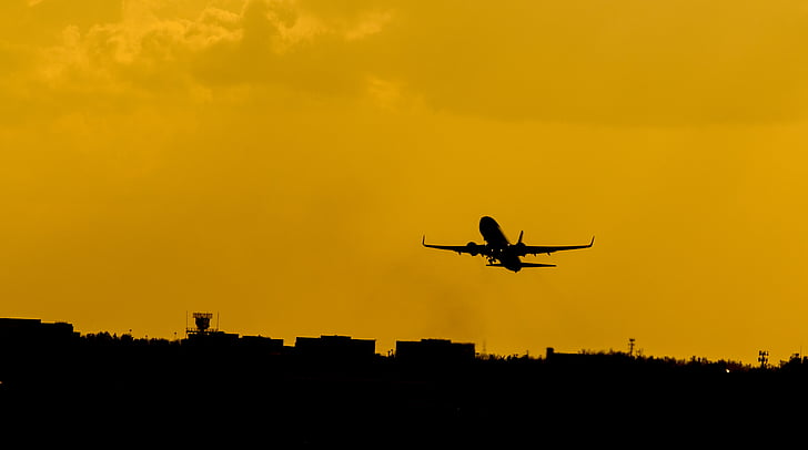 silhouette, plane, soaring, yellow, sky, daytime, airplane