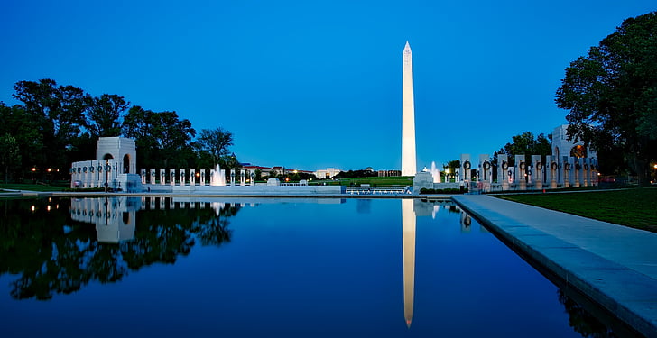 Monumento a Washington, puesta de sol, Crepúsculo, al atardecer, noche, piscina de reflejo, agua