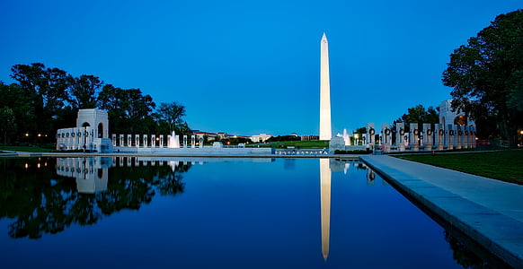 华盛顿纪念碑, 日落, 暮光之城, 黄昏, 晚上, 水池, 水