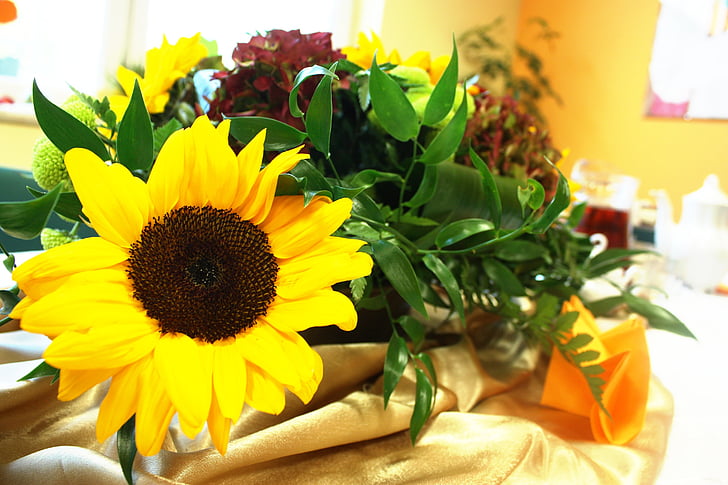 pušķis, ziedi, ceremonija, apdare, puķe, ziedu pušķis, pusdienu galda
