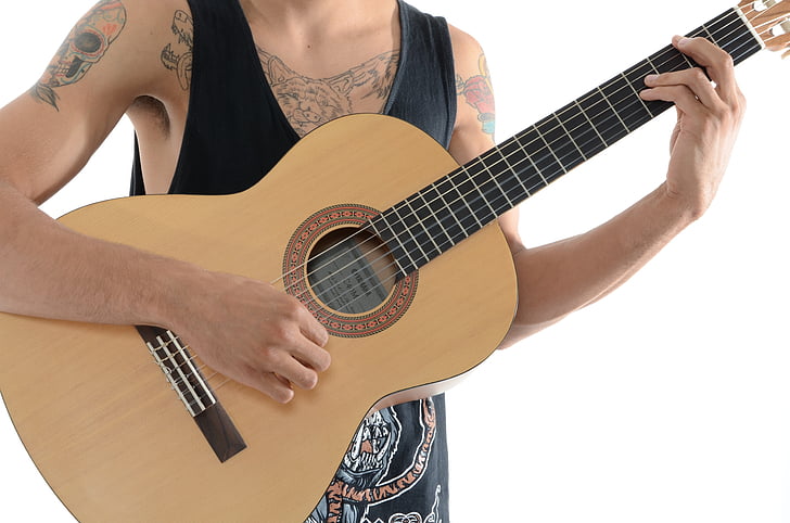 kitara, glasba, glasbilo, glasbenik, string instrument, tetovaže