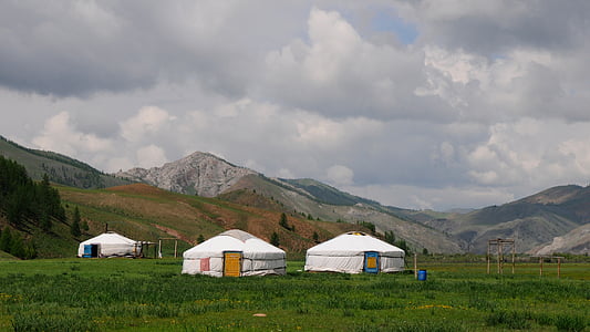 vida nômade, yurts, paisagem, Mongólia, estepe