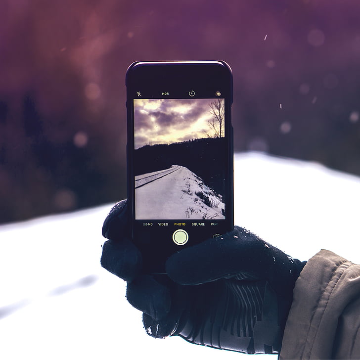 kelių, gatvė, sniego, žiemą, mobiliojo ryšio, telefonas, kamera