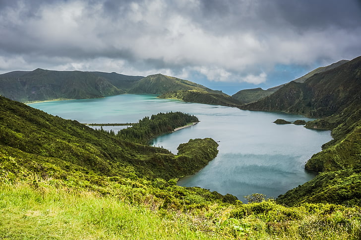 Azorski otoci, trava, Laguna vatre, jezero, krajolik, planine, priroda