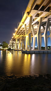 Cingapura, à noite, arquitetura, Marco, Marina, Ásia, água