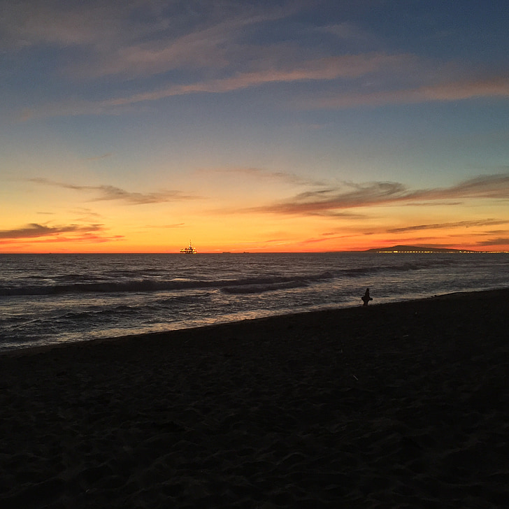 solnedgång, Ocean, oljerigg, Surf, Pacific, stranden, sommar
