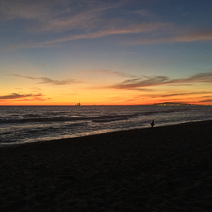 sunset, ocean, oil rig, surf, pacific, beach, summer
