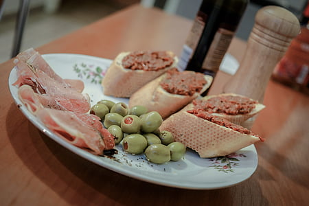 antipasto, olive, prosciutto, baguette, pranzo, piastra, pane