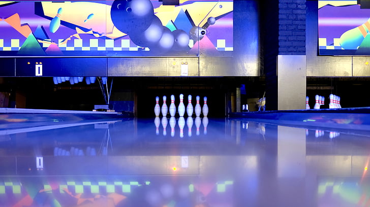 Bowling, Bowling-pins, Geschäft, beleuchtete, Indoor-sport, im Innenbereich, Licht