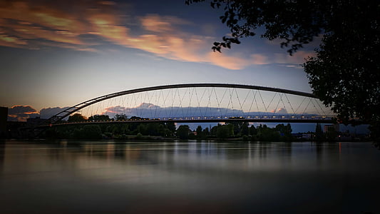 trzy kraje most, Weil am rhein, Abendstimmung, zachód słońca, wody, niebo, Most - człowiek struktura