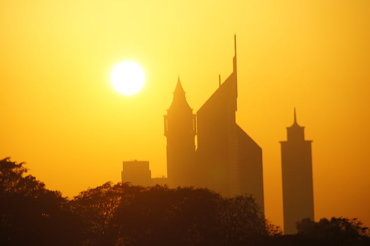 Dubai, solnedgång, skyskrapa, arkitektur, skymning, siluett