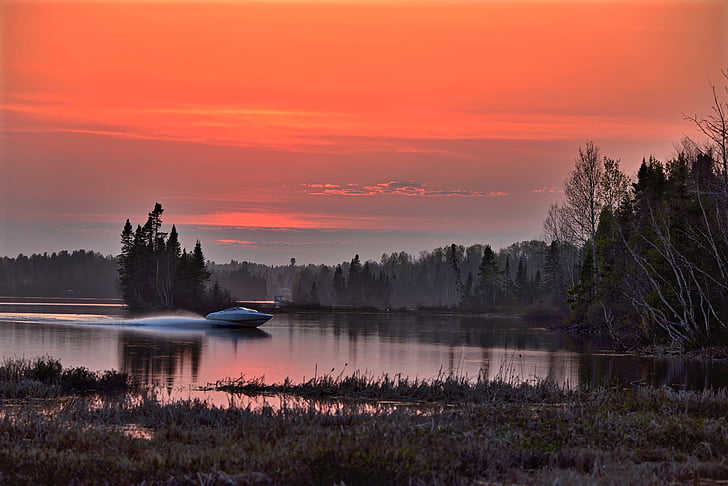 solnedgang, båt, Lake, natur, landskapet, farger, trær