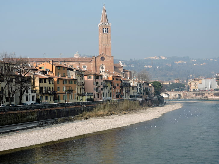 Verona, rivier, Adige, landschap, kerk, Campanile, water