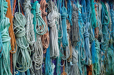 modrá, barevné, barevné, uzly, námořní, provazy, lano