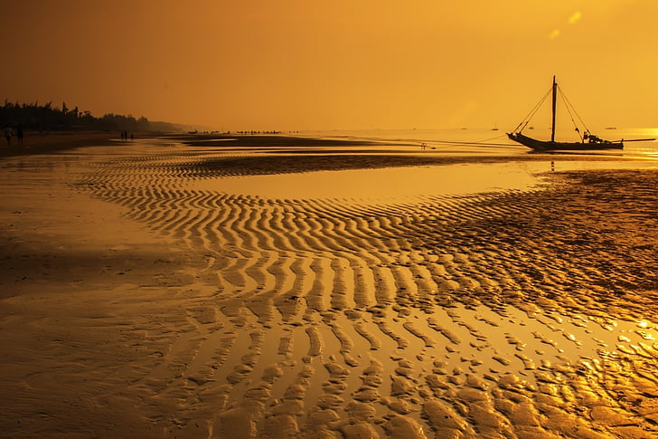 silhuett, seilbåt, våte, sand, Vietnam, stranden, daggry