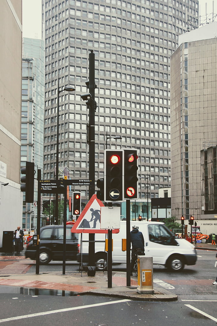 kruising, Londen, links verkeer, verkeerslichten, stoplicht, stad, stadsleven