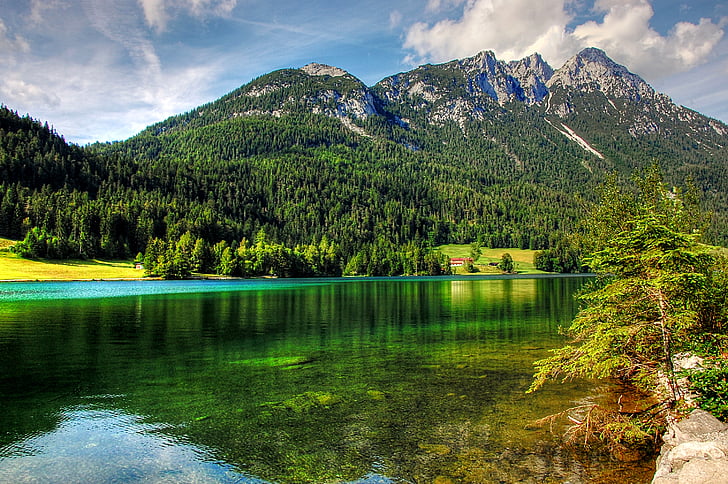 jezero Hintersteiner, jezero, krajina, Příroda, banka, stromy, mraky
