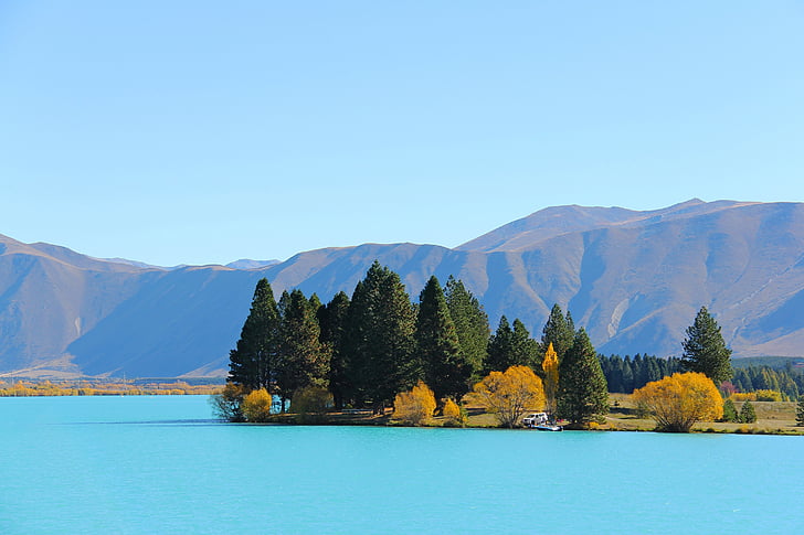 beautiful, conifers, daylight, island, lake, landscape, mountain range