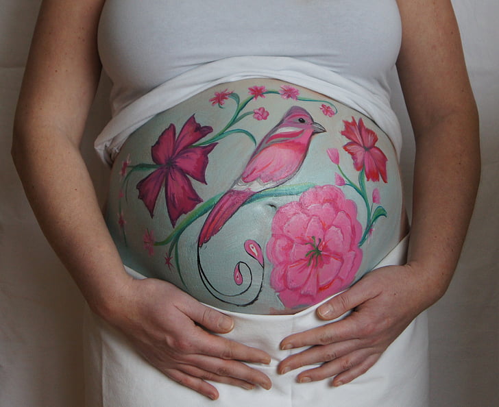 madár, rózsaszín, virág, bellypaint, hasa festés, terhes, baba