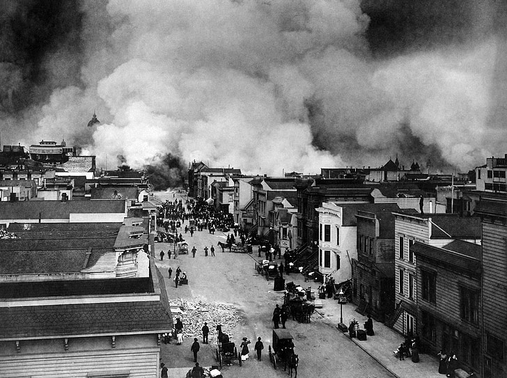jordskjelvet, naturkatastrofe, San francisco, 1906, brann, brann hus, røyk