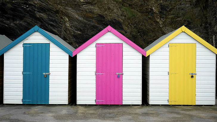 arkitektur, Beach, Bungalow, kabine, farverige, farverige, døren