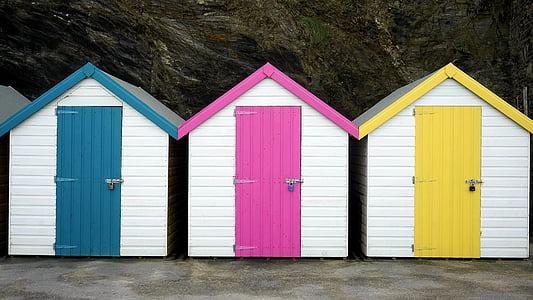 Architektura, pláž, Bungalov, kabina, barevné, barevné, dveře