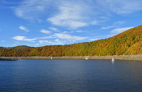 rurtalsperre, Айфел, езеро, вода, Германия, пейзаж, Есенна гора