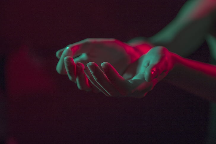 hands, light, color, dark, room, neon, night