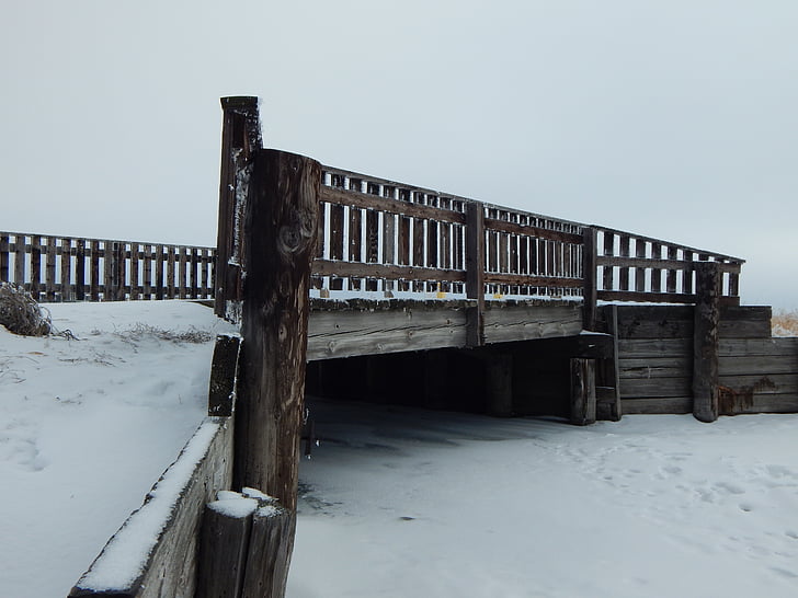 Bridge, puidust, oja, talvel, lumi, külmutatud, tee