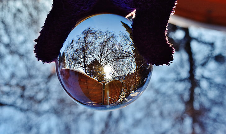 glass ball, mirroring, sun, winter, snow, cold temperature, reflection