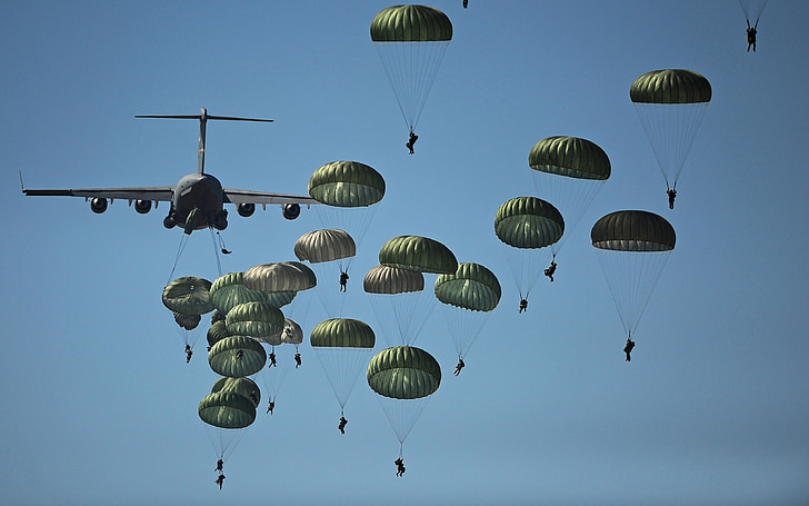 paracaídas, formación, Paracaidismo, saltar, militar, aerotransportado, plano
