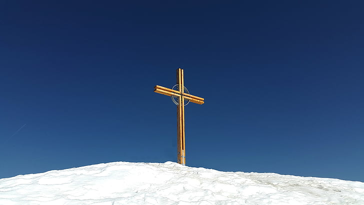 Summit cross, csúcstalálkozó, kuhgehrenspitze, Kleinwalsertal, téli, hó, napos