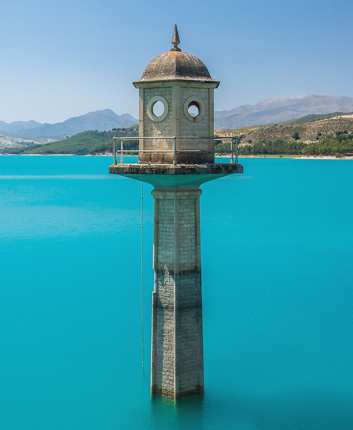 watchtower, lake, turquoise water, lighthouse, impoundment, dam, spain