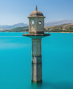 Torre de vigia, Lago, água turquesa, farol, represamento, barragem, Espanha