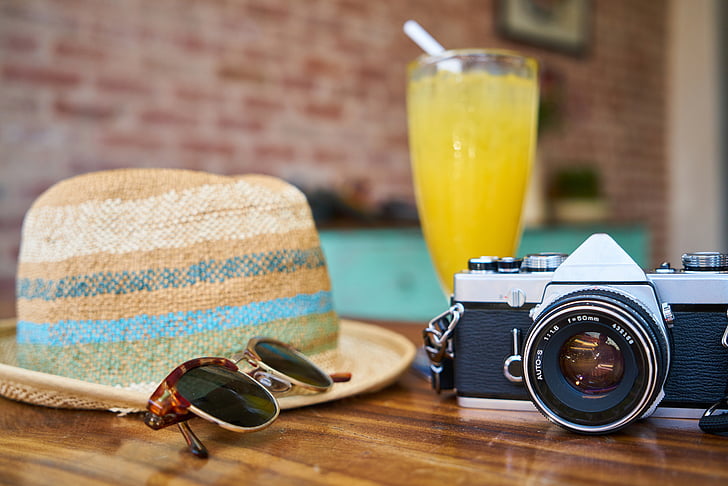 velho, câmera, lente, chapéu, férias, Eyewear, entretenimento
