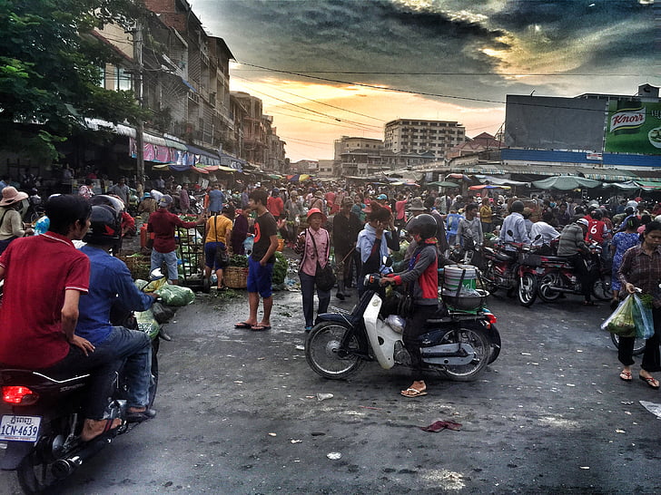 Ásia, multidão, mercado, motos, motos, pessoas, rua