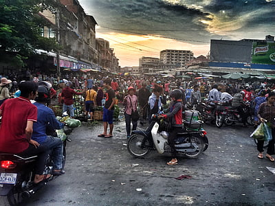 Àsia, multitud, mercat, motos, motocicletes, persones, carrer