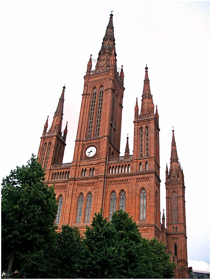 Crkva, Katedrala, arhitektura, sat, Njemačka, Wiesbaden, toranj sa satom