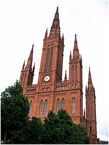 templom, székesegyház, építészet, óra, Németország, Wiesbaden, óratorony