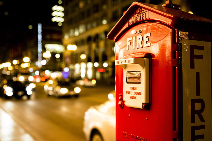 fire box, red, chicago, night, city, street, urban Scene