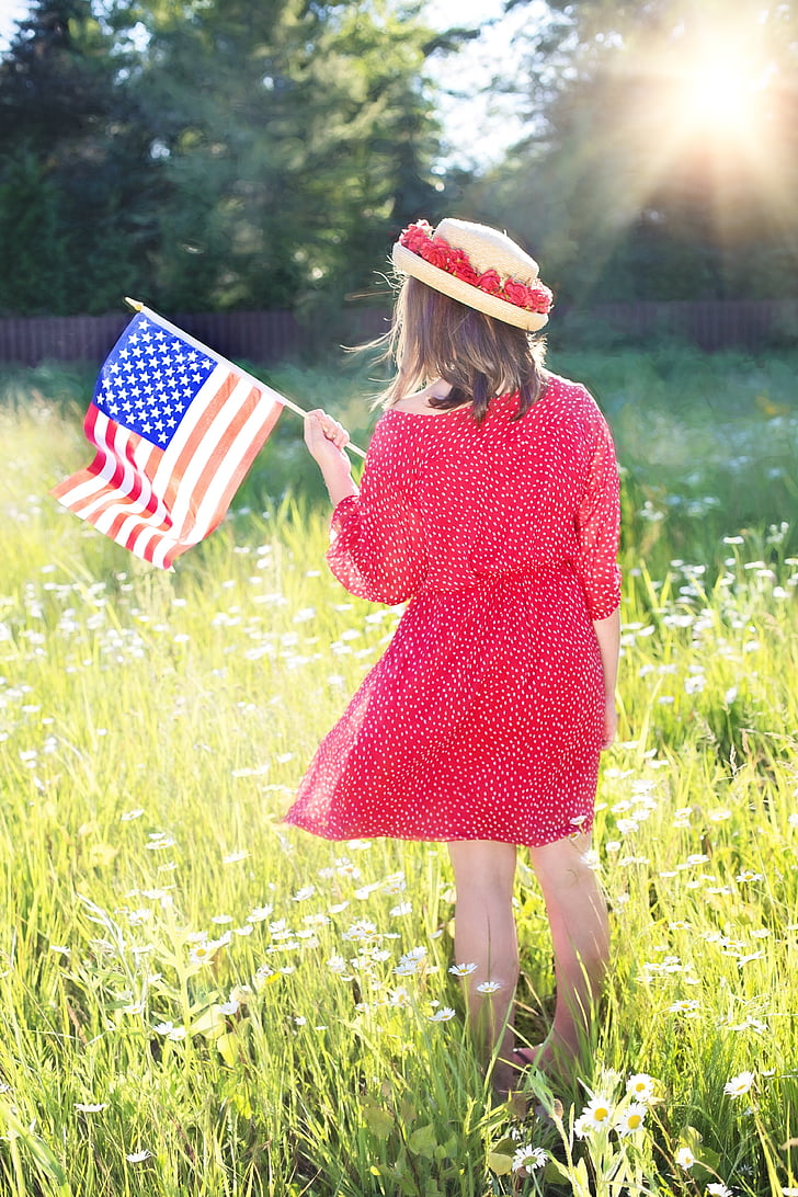 neljas juuli, USA lipp, ilus naine, Ameerika Ühendriigid, Isamaa, pidu, Holiday