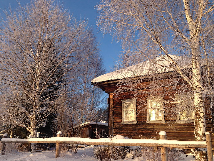 kaimas, namas, žiemą, krasot, Rusija, medienos, medinis namas